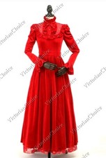 Victorian Edwardian Vintage Velvet Rose Embroidered Red Corset Back Gown 115 XXL