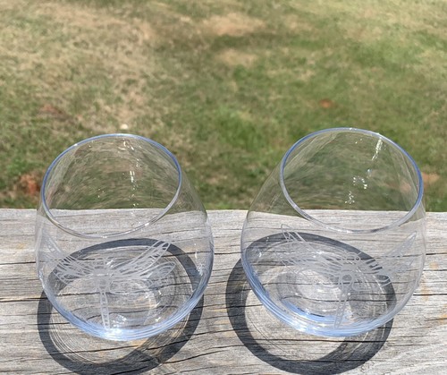 Set Of 2 Etched Dragonfly Clear Stemless Wine Glass 20 Oz 4.25” Tall - Picture 2 of 3