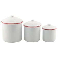 3 pc Primitive RED WHITE ENAMELWARE CANISTERS Set Farmhouse Cottage Rim NEW