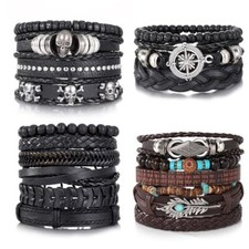 Leather Bracelet for Men, 4 Packs Punk Bracelets Set, PU Braided Wrap