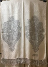  Fondazione Antonio Ratti Long Ivory Silk Scarf w/ Grey Paisley Design & Fringe