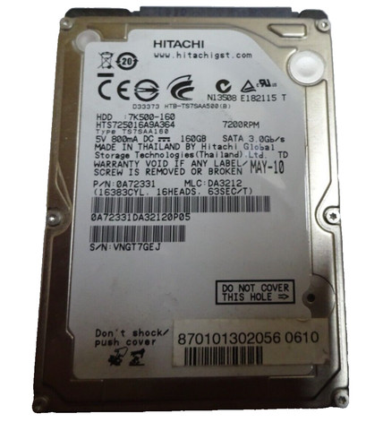 160GB SATA NOTEBOOK HDD HITACHI HTS725016A9A364 SN: VNGT7GEJ #NFP1013