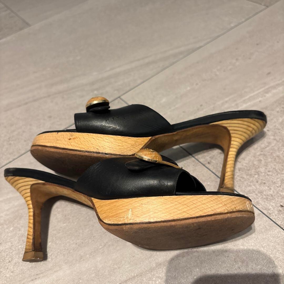 CHANEL Leather Wood COCO MARK Heel Sandals Mules Shoes Women EU 36