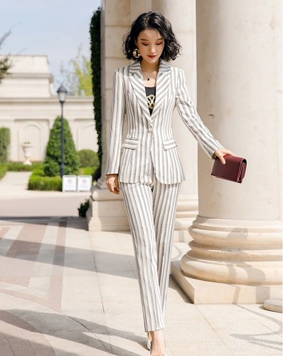 Tailleur completo bianco gessato giacca manica lunga e pantalone elegante  4887 | eBay