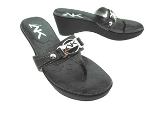 AK Anne Klein Sport Black Leather Upper Wedge Heel Logo Thong Sandals Size 7.5M | eBay