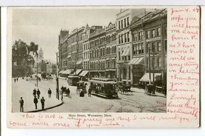 1907 - Street Cars working on Main St., Worcester, MA Railroad Postcard