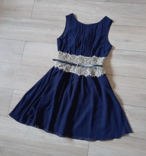 Little Mistress Dark Blue Sheer & Cream Lace Flared Dress Formal Evening UK10