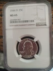 1944 D Washington Quarter NGC MS 65
