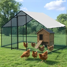 Metal Chicken Coop 6.5/10/13/20 FT Large Walk-in Hen Cage House with Cover Roof