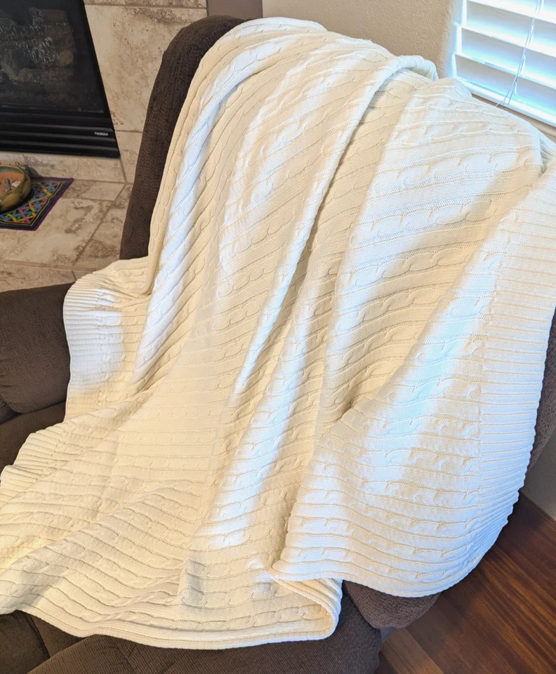 Manta de algodón tejida con cable Ralph Lauren 50x70 crema blanco roto - Usada en excelente estado Foto 3 de 4