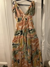 LUXXE Abstract V-Neck Multicolor Maxi Dress Button Front Smocked Back S