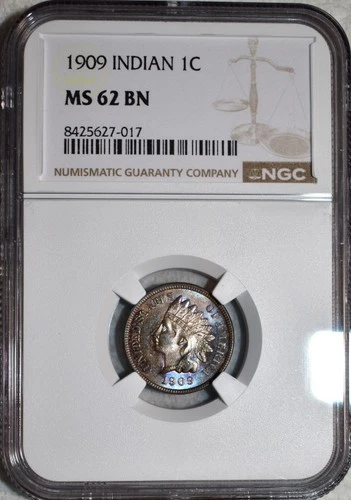 NGC MS-62 BN 1909 Indian Head Cent, Attractively Toned, Blazing specimen.