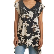 ANTHROPOLOGIE C. KERR Silene Cream & Gray Floral Sharkbite Top EUC  Size XS