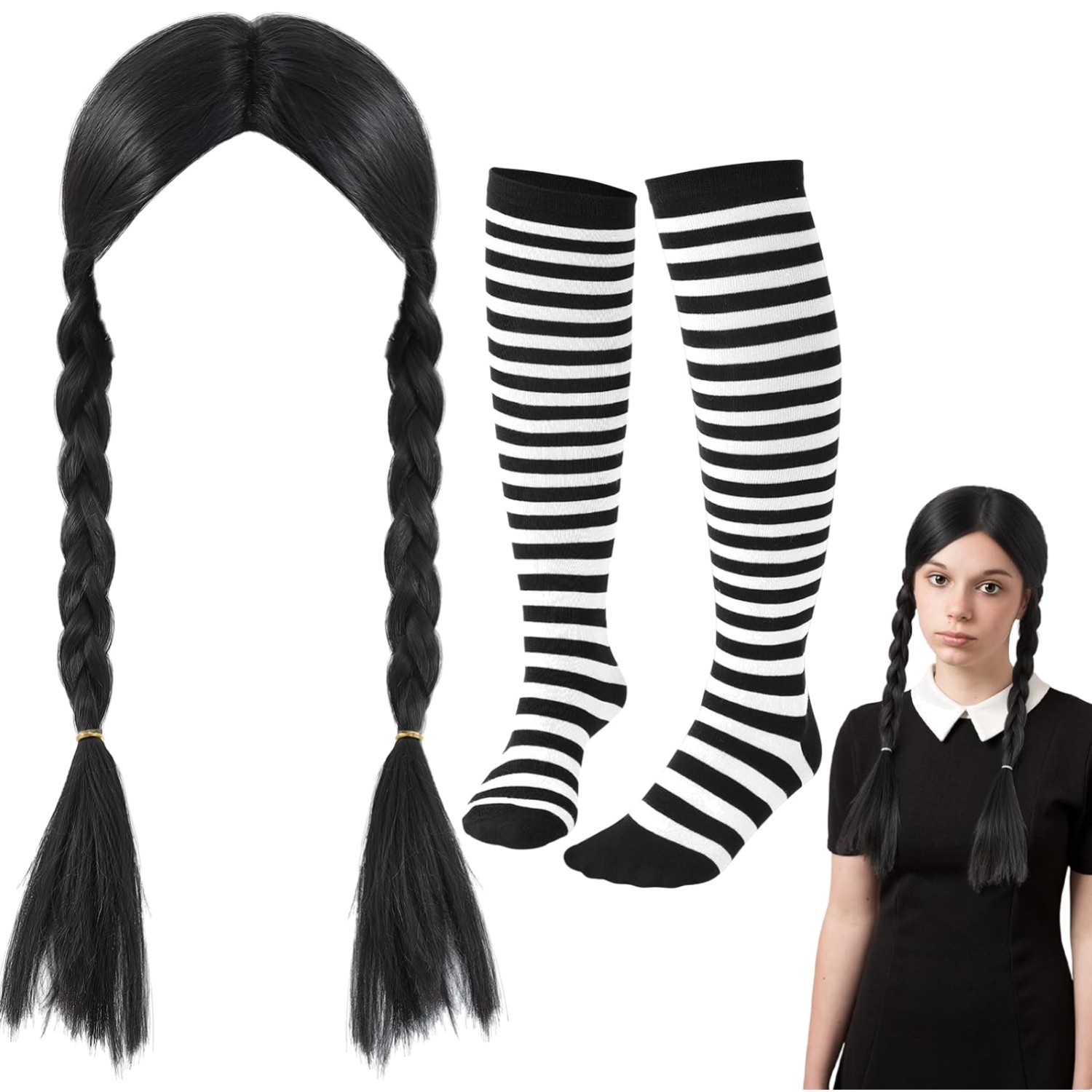 Transformative Halloween Accessory Set: Black Wig with Braids & Striped Socks