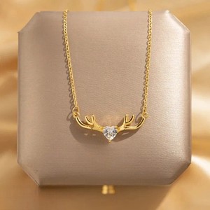 Authentic Wild Stag Antler Zirconia Pendant Necklace Gold Plated Nature Lover Jewelry