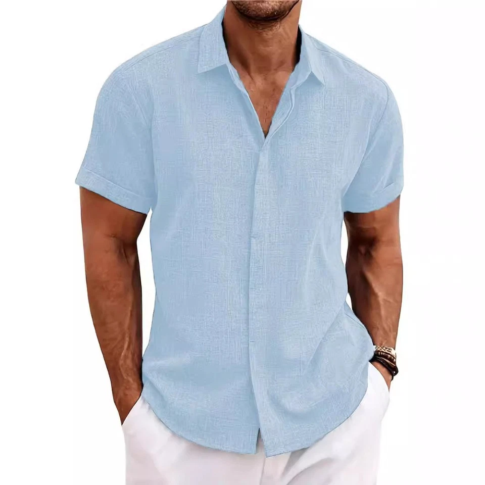 Camisas de lino con botones para hombre - Ropa de playa informal de verano de manga larga Foto 4 de 4