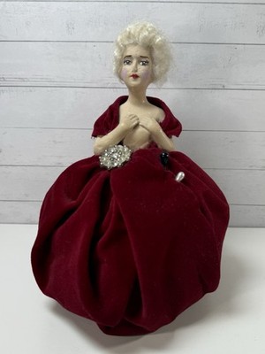 Vintage Half Doll Pin Cushion with Red Velvet Dres(Chalkware?) Marie Antoinette?