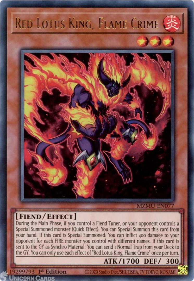MZMU-EN077 Red Lotus King, Flame Crime : Ultra Rare 1st Edition Mint YuGiOh Card