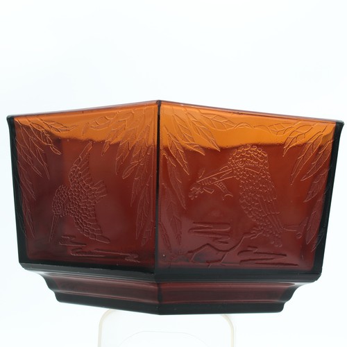 Sherdley Kinfishers Amber Glass Hexagonal Bowl Art Deco 1930s - Picture 5 of 20