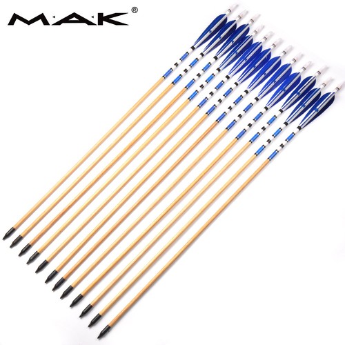 12Pcs Traditional Wooden Arrow W/ Turkeys Blue Real feather For Shooting Hunting - Picture 8 of 8