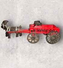 Vintage Cast Iron Express Goat Wagon Toy , Black Goat, Red Wagon , 8.5" Long