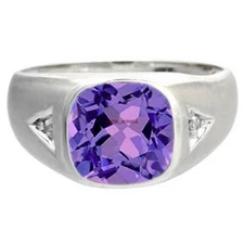 Natural Amethyst Gemstone with 14K White Gold Plated Silver Ring for Men's #182