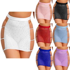 Womens See Through Mesh Skirts Hollow Out Side Mini Wrap Skirt Sparkly Clubwear