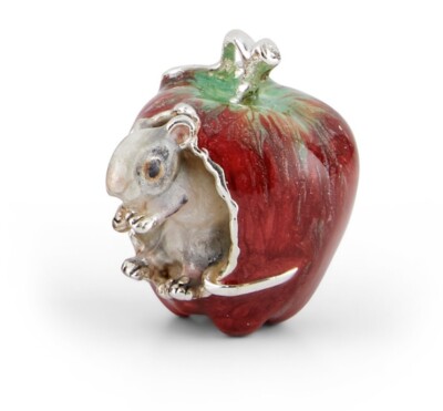 Saturno Sterling Silver and Enamel Mouse Eating Apple Fully