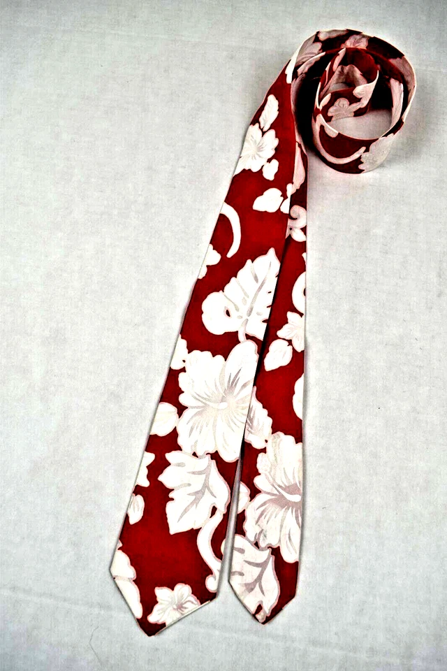 Corbata de cuello de colección años 50 60 roja y blanca corbata de algodón hawaiano 58" x 2,5" única Foto 3 de 4