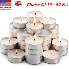 10 - 40 Tea Light Candles 3 hours Burn White Unscented Home Use Dripless