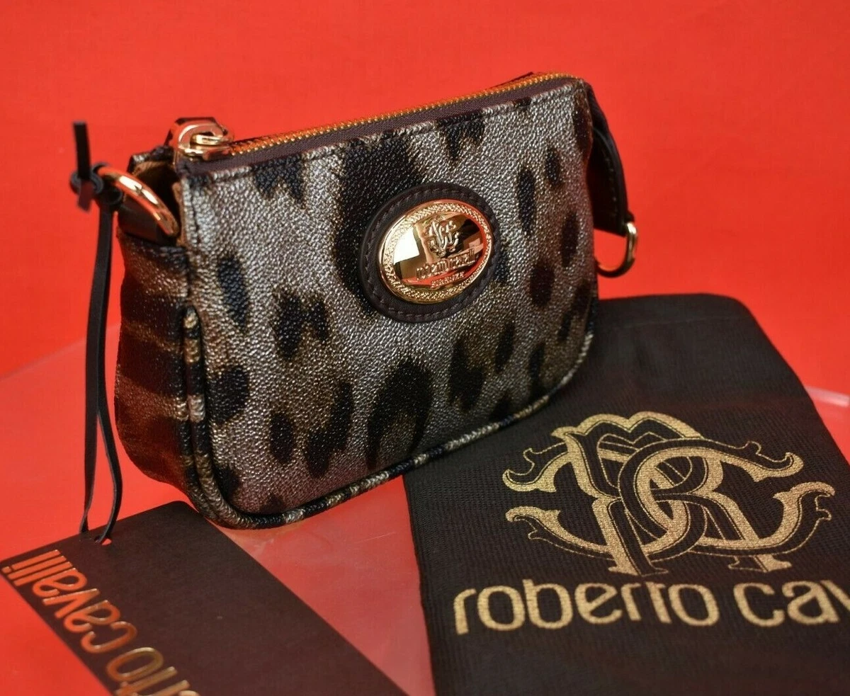 NWT ROBERTO CAVALLI MULTI LEOPARD PRINT LOGO CLUTCH CHAIN MINI