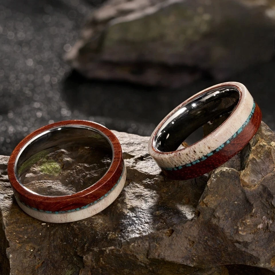 Anillo de boda clásico de carburo de tungsteno de madera roja con asta de 8 mm para hombre y mujer Foto 2 de 4