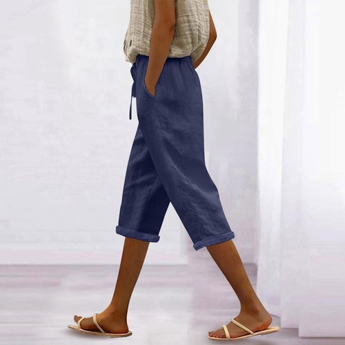 Women's Fashion Casual Loose Solid Colour Cotton Linen Drawstring 7/10 Pants - Picture 25 of 72