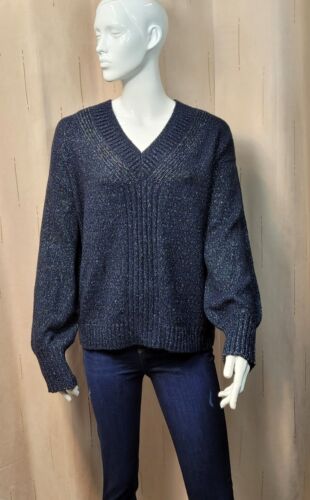 PER UNA Cotton & Wool mix Sparkly V-NECK JUMPER ~ Size L ~ NAVY - Picture 2 of 6