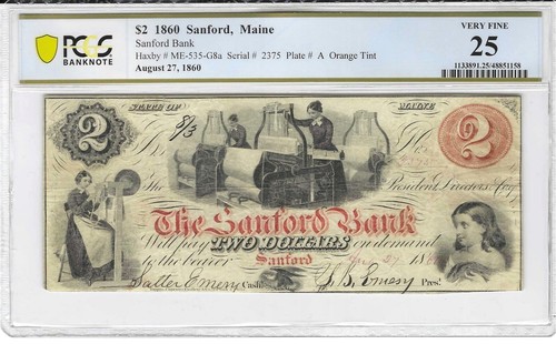 1860 $2 The Sanford Bank Maine PCGS VF-25 with Free Shipping