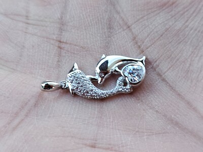 Delfin Fisch Anhänger Sterling Silber Schmuck Halskette Kristall Doppel Delphin Neu
