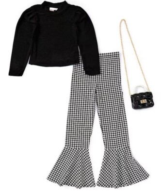 NWT Tween Diva Metallic Knit Top Checked Houndstooth Flare-Leg Pant Set Size 7