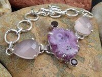 925 Silver Bracelet Pink Solar Druzy/rose Quartz/garnet Handcrafted Jewellery 925 Silver Bracelet Pink Solar Druzy/rose Quartz/garnet Handcrafted Jewellery