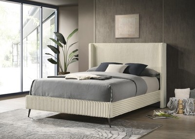 Mavela Wide Wale Corduroy Upholstery Panel Queen Bed, Cream