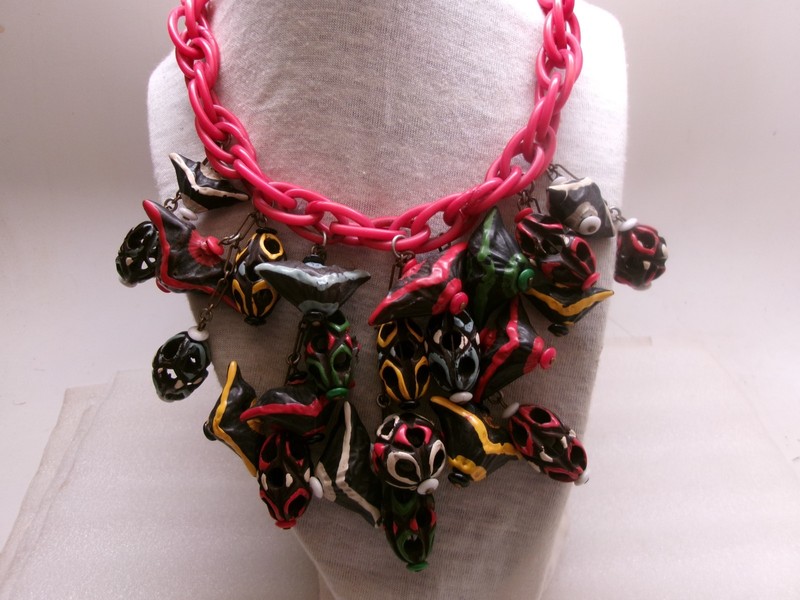 Vintage Celluloid Necklace Colorful Dangle Charms Choker Bib Red Chain Old