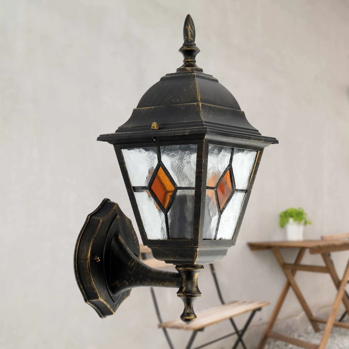 Juego de 2 luces de pared tradicionales negras cepilladas doradas para jardín exterior porche IP44