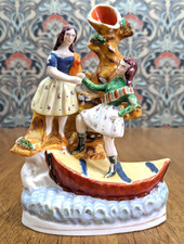 Rare 19th Century Staffordshire Pottery Figure Couple On Boat Spill Vase Antique