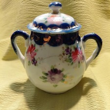 Vintage japoński sutek drobny porcelanowy słoik na cukier niebieski i kwiatowy i złoty