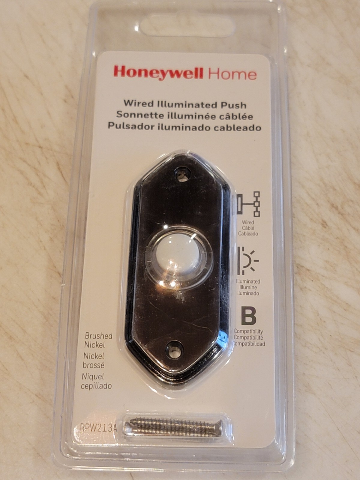 Honeywell RPW213A Brass Wired Illuminated Push Door Bell Button, Brushed Nickel 