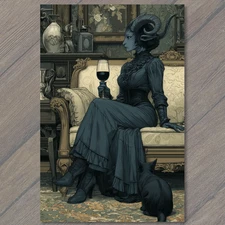 Art Print Ram Horn Woman Wine Glass Cat Antique Sofa Dark Victorian Sitting Room