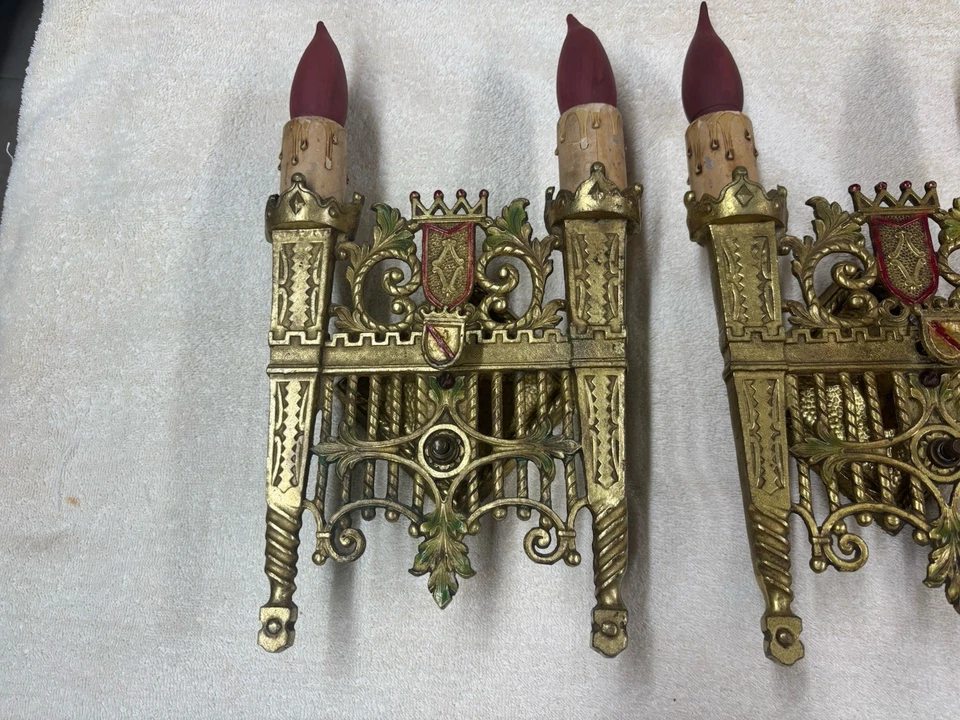 spanish revival Wall Sconces Pair Brass Antique - Image 2 of 4