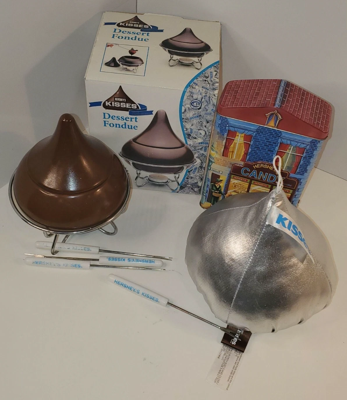Hersheys Kisses Collection Chocolate Fondue, Ornament & Tin Can Original Box