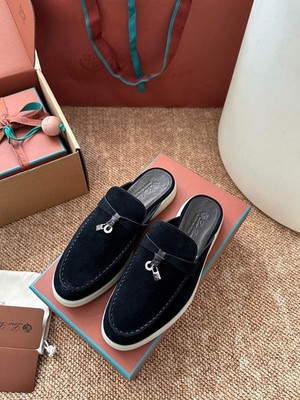 Loro Piana Summer Walk Suede Mules Dark Blue Backless Loafers Full