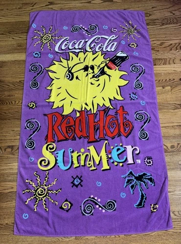 Vintage 1992 Coca Cola Red Hot Summer Sun Purple Retro Beach Towel 63x36