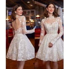 Victorian High Neck Wedding Dresses Luxury Lace Applique Backless Bridal Gowns
